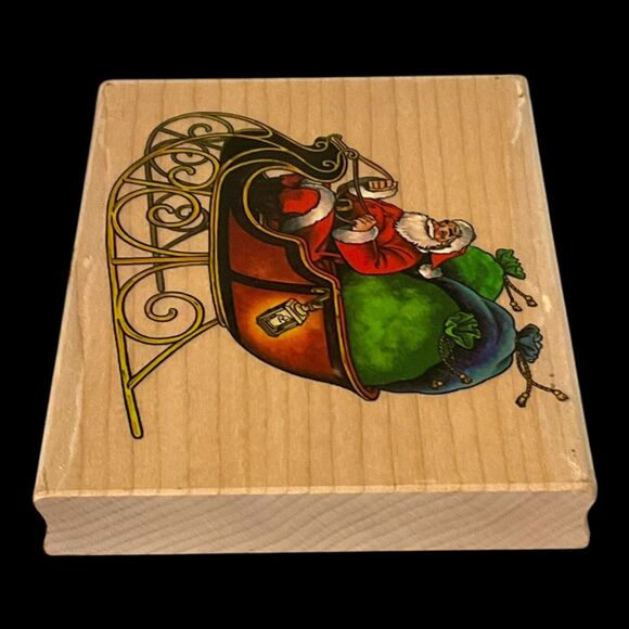 Stampabilities Santa in Sleigh Large Wood Mount Rubber Stamp Christmas NEW - Picture 5 of 10